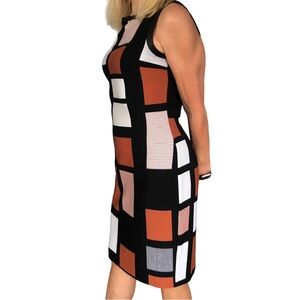 Joseph Ribkoff cube pattern black rust & white sleeveless dress size 8